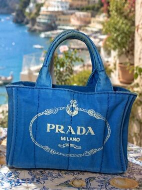 Prada Canapa Small Tote Bag in Blue Canvas